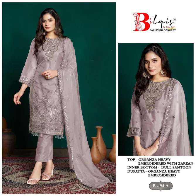 Bilqis B 94 A to D Handwork Embroidery Organza Pakistani Suit Wholesale Online
